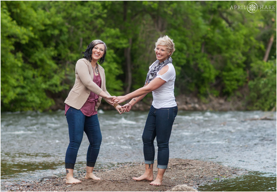 Sweet engagement session picture for a lesbian couple in Colorado