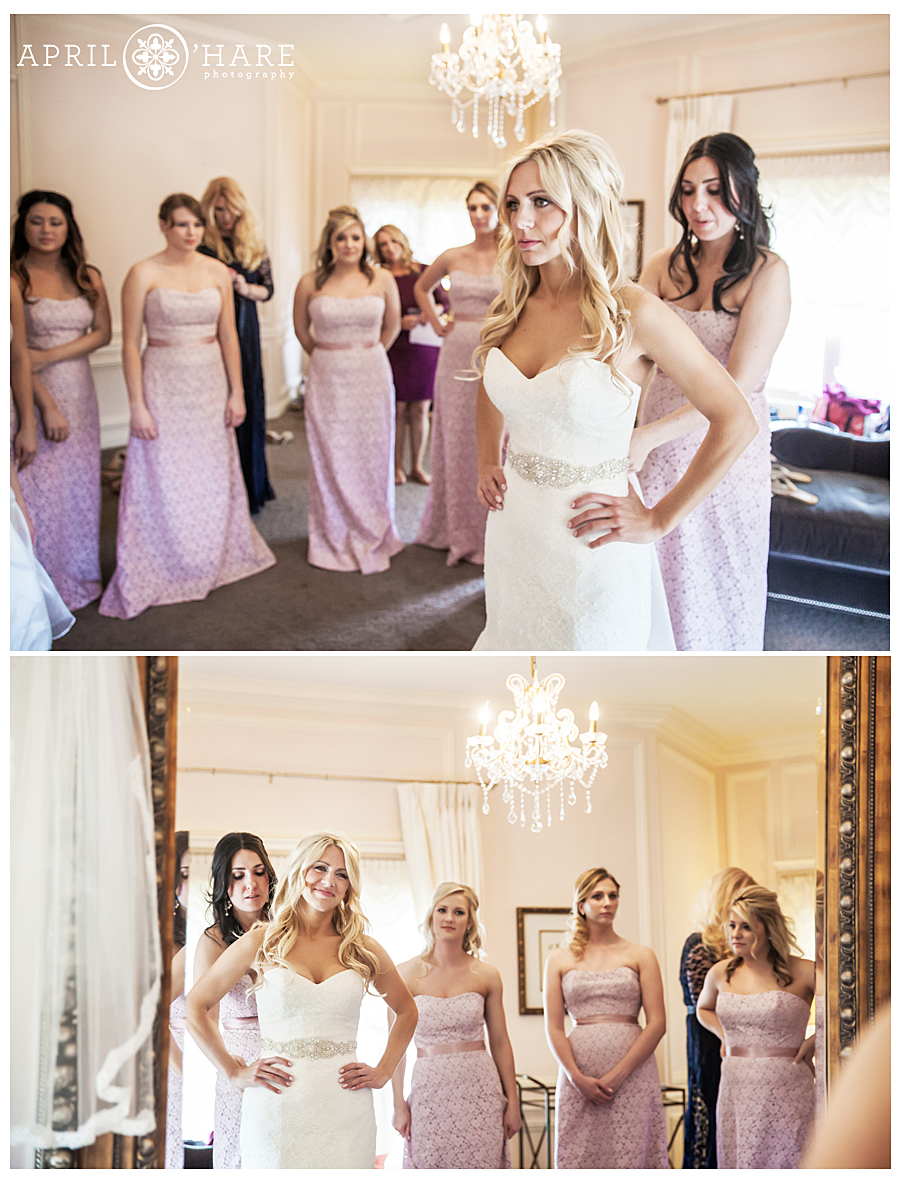 pretty Denver Winter Mansion Wedding with bridesmaids in lilac dresses