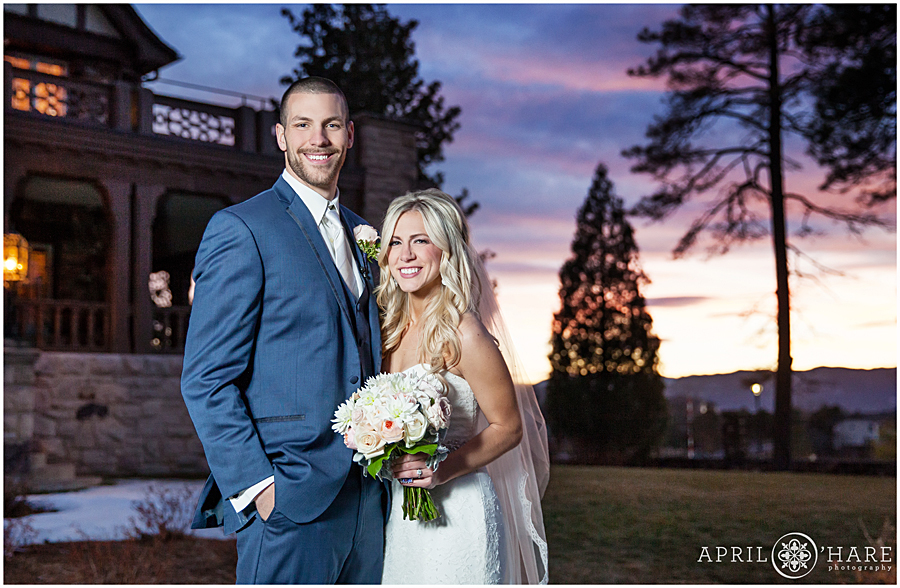 Sunset wedding portrait at Denver winter mansion wedding