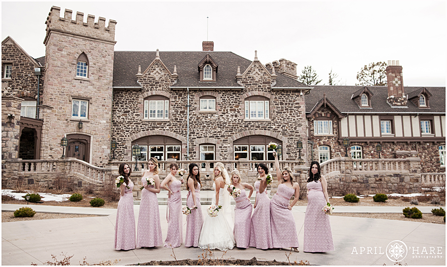 Bridesmaids and Bride outside of a Denver winter mansion wedding
