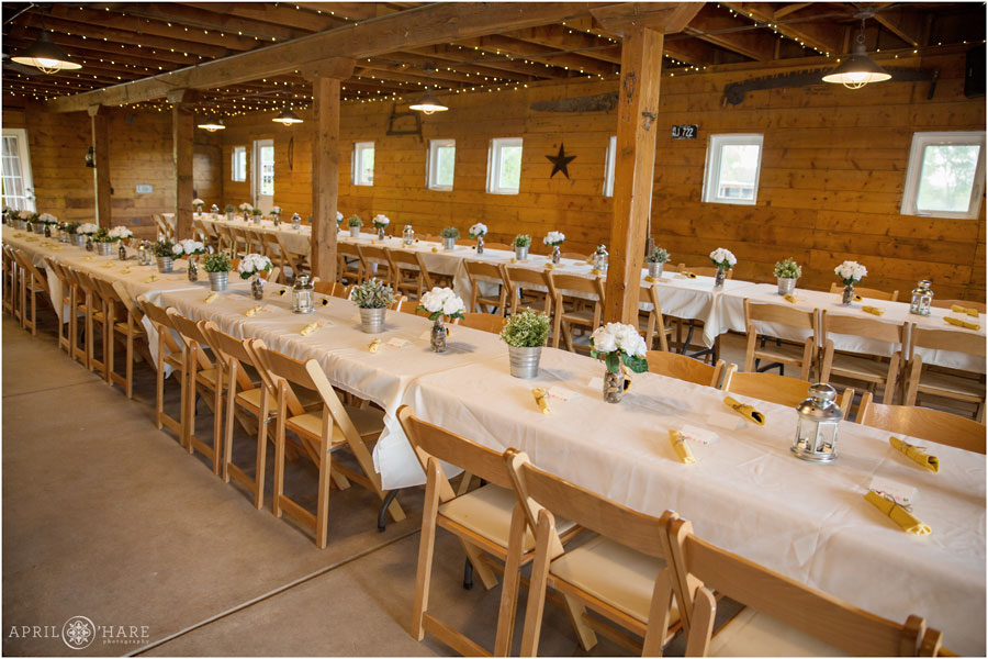 Long Reception Tables set up for wedding reception at a Denver Garden Wedding Venue Chatfield Farms