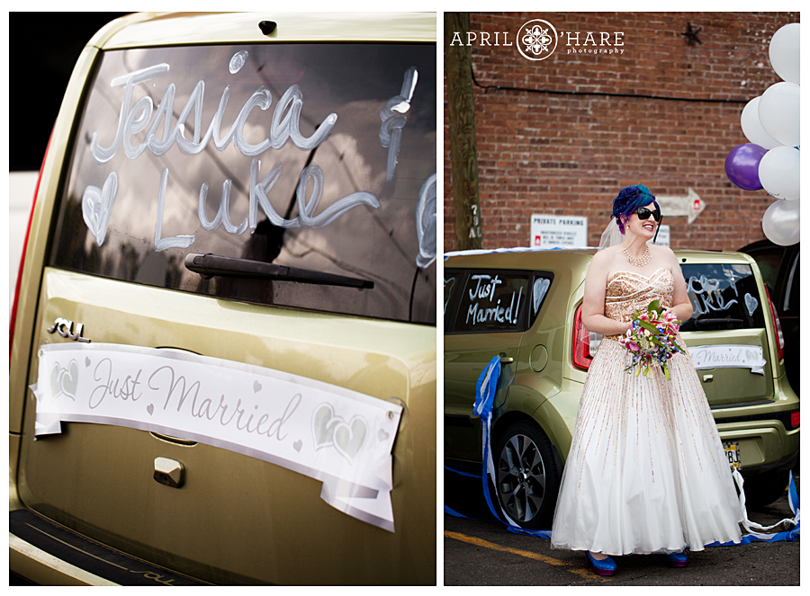 Bright Colorful Wedding in Denver with a bride with blue hair in a Glitter Wedding Dress