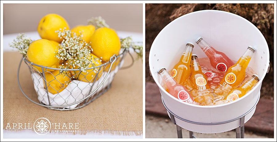Yellow Themed Wedding with Lemons and Izze drinks at a garden wedding in CO