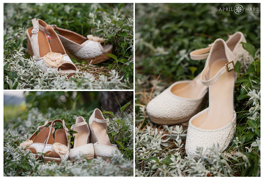 Both bride's shoes at Backyard Lesbian Wedding in Conifer Colorado