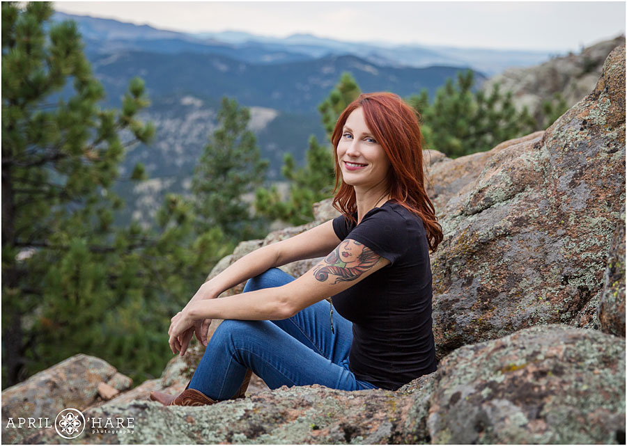 Cute Boulder Headshot Photos with mountain views at Lost Gulch Overlook