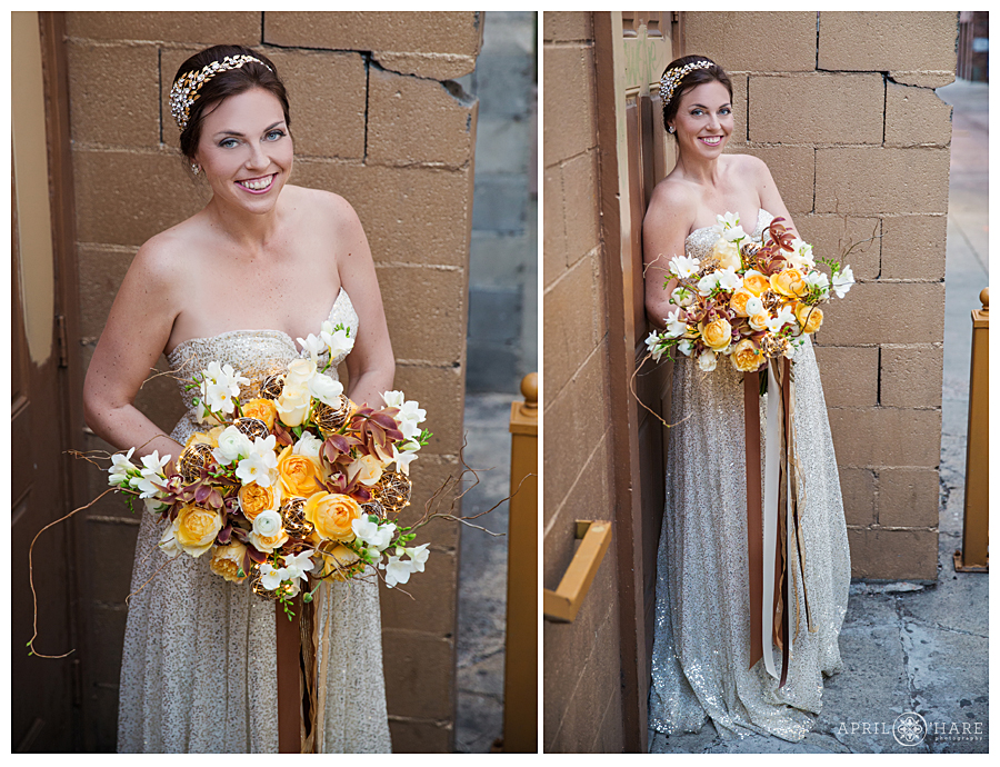 Bride wearing a glittery sequin sparkle dress holding a golden colored light up bouquet
