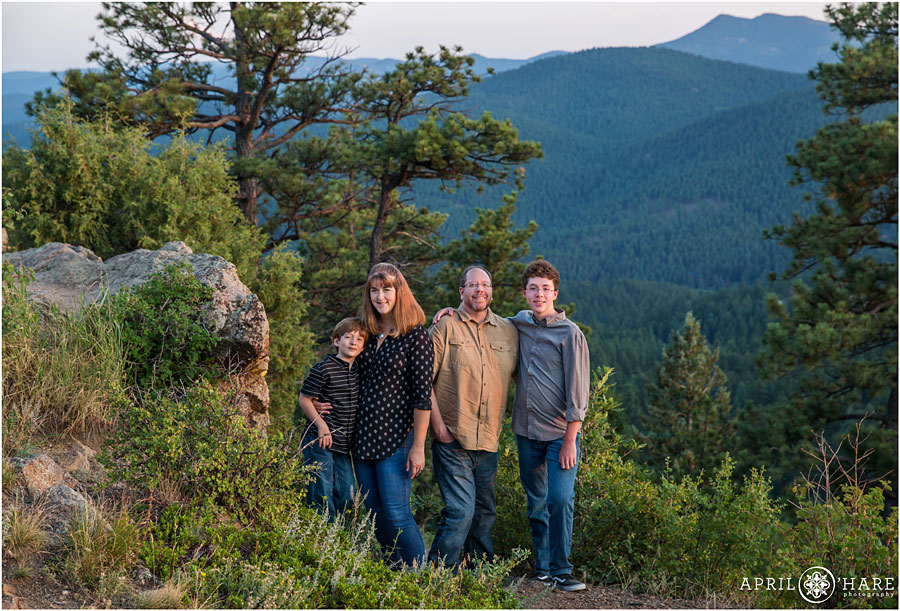 Mount Falcon Family Photos with pretty mountain views in Colorado