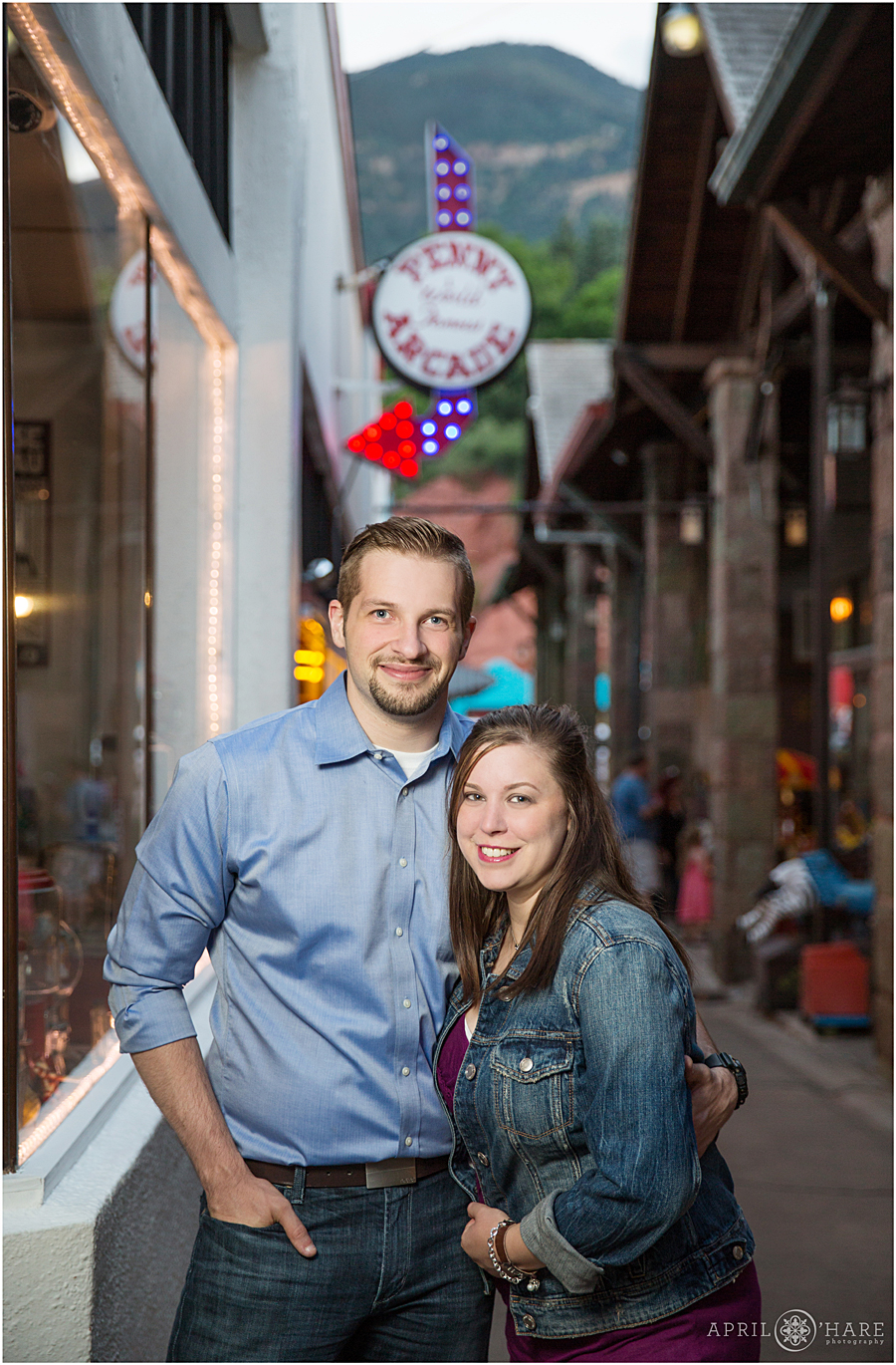 Manitou Springs Engagement Photos at the Penny Arcade during summer