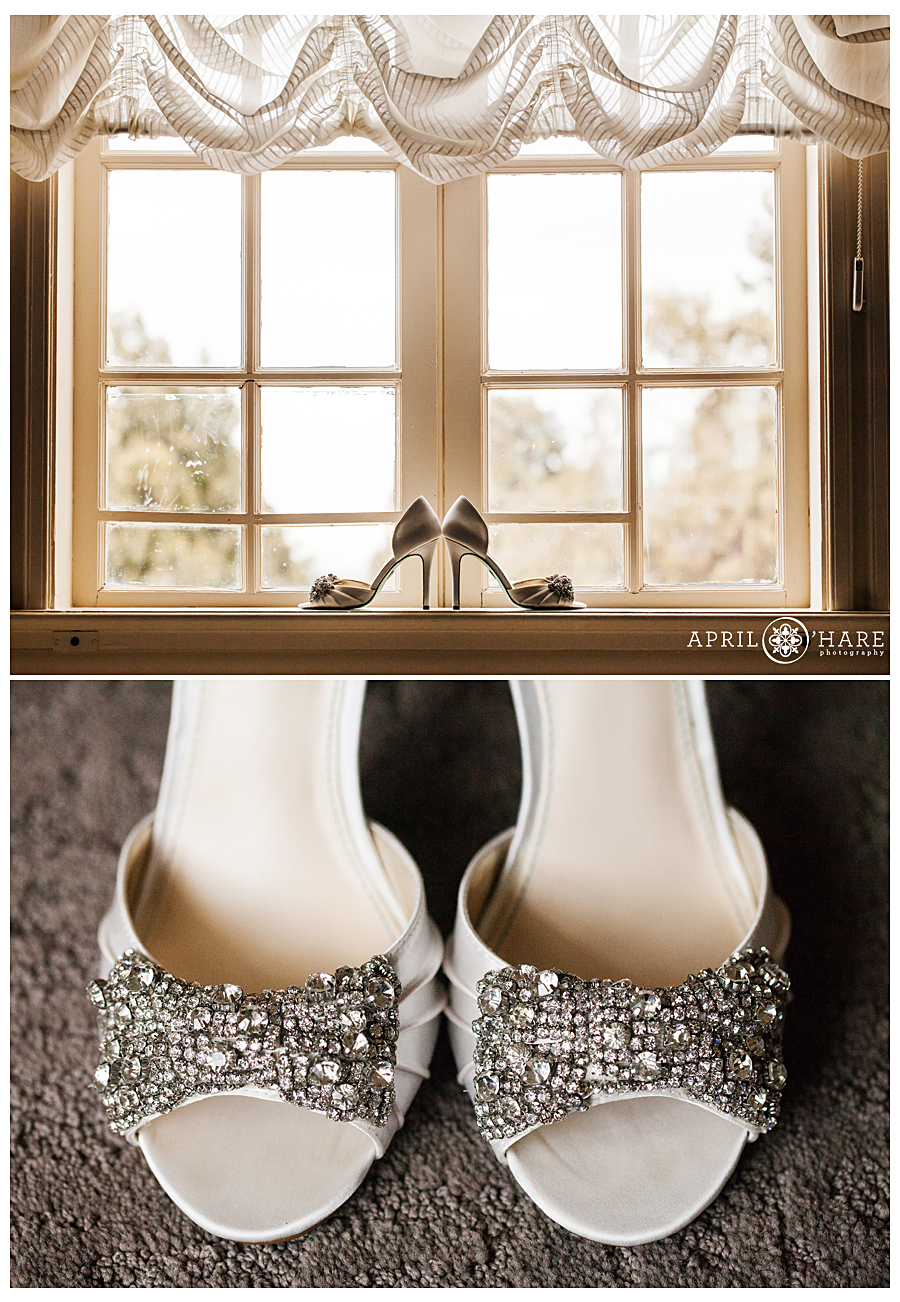 Denver Winter Mansion Wedding Brides Shoes in the Window