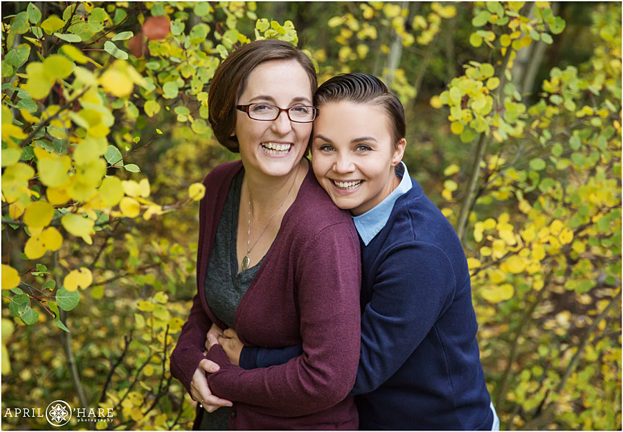 Pretty Yellow Fall Color Aspen Leaves Colorado Same-Sex Engagement Photography