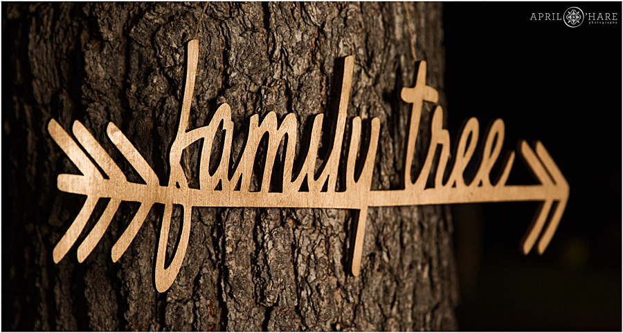 Family tree wood laser cut sign at Deer Creek Stables wedding reception Chatfield Farms