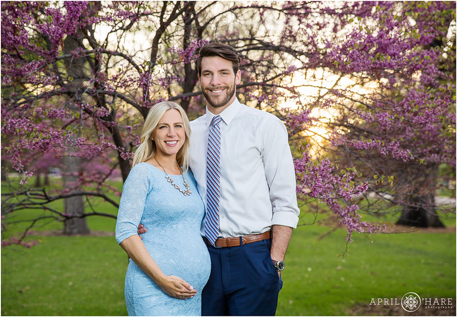 Gorgeous Spring Blossom Maternity Photos with Cherry Blossom Tree at City Park
