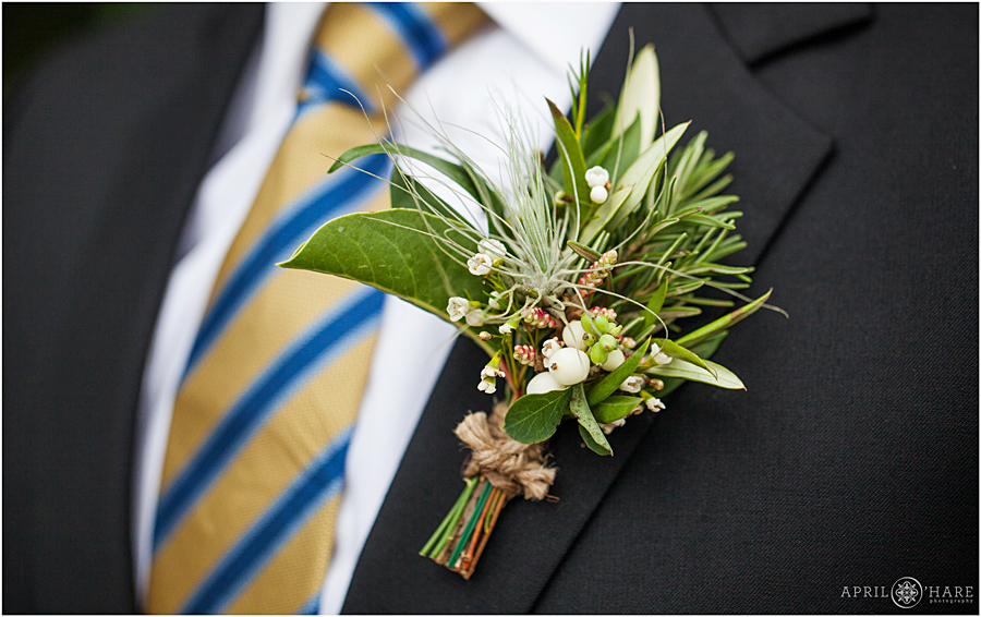Air Plant Boutonniere by Ruffly Rose at Rustic Colorado Wedding Chatfield Farms 