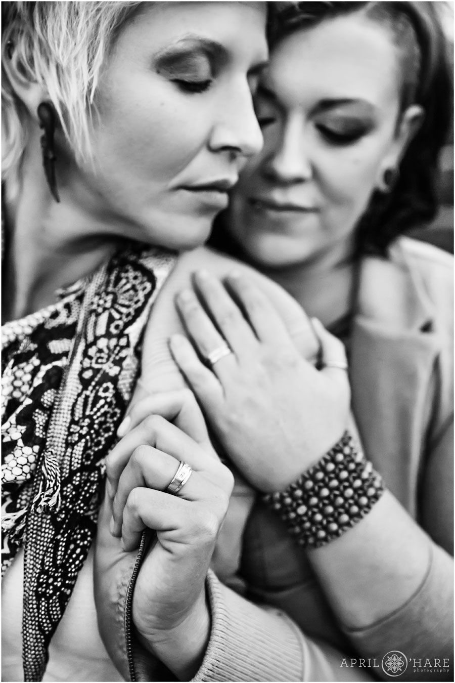 Romantic B&W lesbian engagement portrait