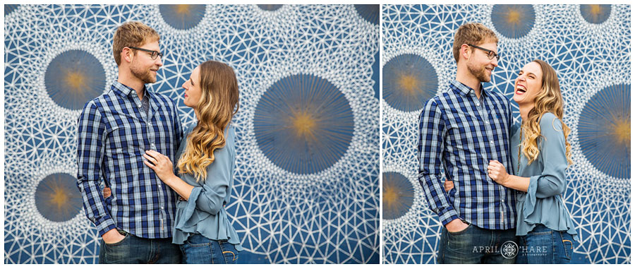 Pretty Blue Mural for engagement photos near Larimer Square in downtown Denver