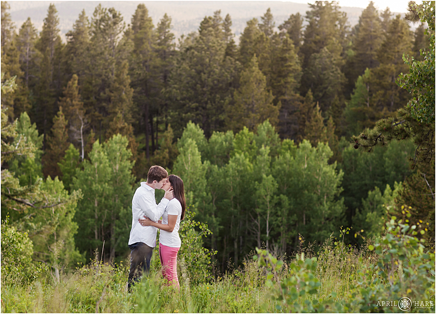 Golden Gate Canyon Engagement Photos kissing in the forest