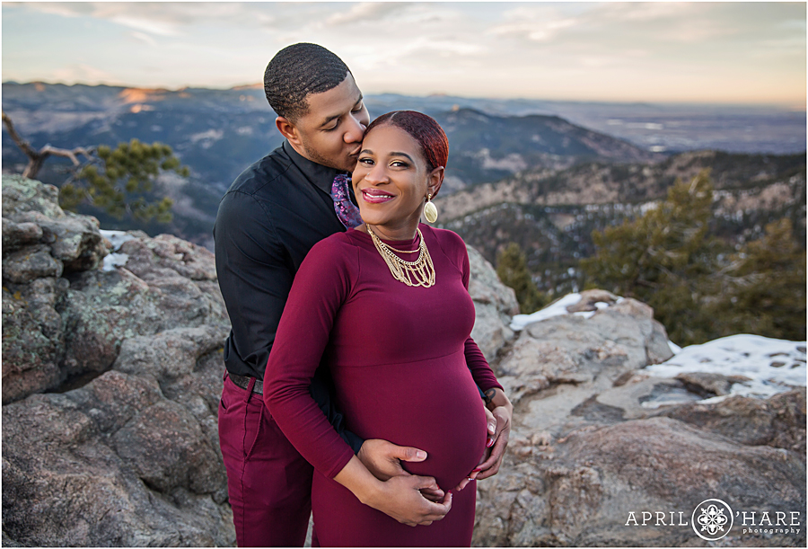 Boulder Maternity Photographer for a cute couple at Lost Gulch Overlook during December