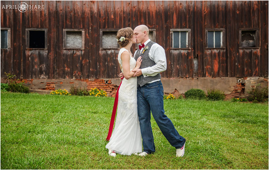 Nebraska Farm Wedding Couple Kissing