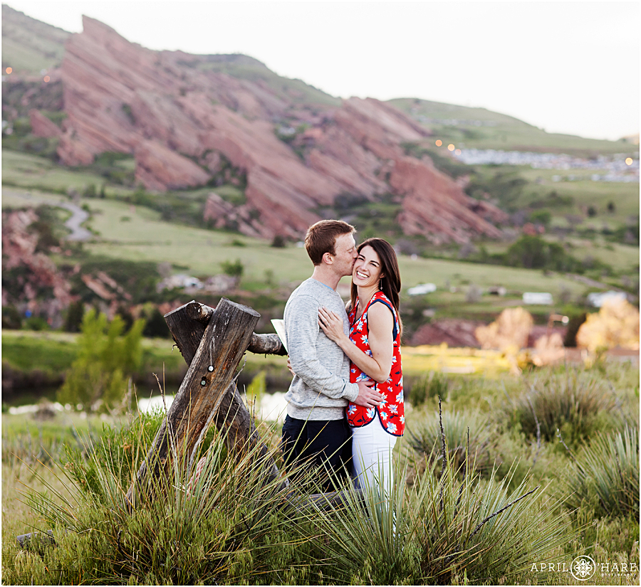 East Mount Falcon Engagement Photos with views of Red Rocks Amphitheater in the distance