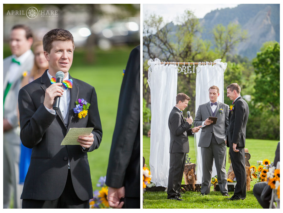 Outdoor wedding ceremony on the Chautauqua lawn at Boulder Gay Wedding