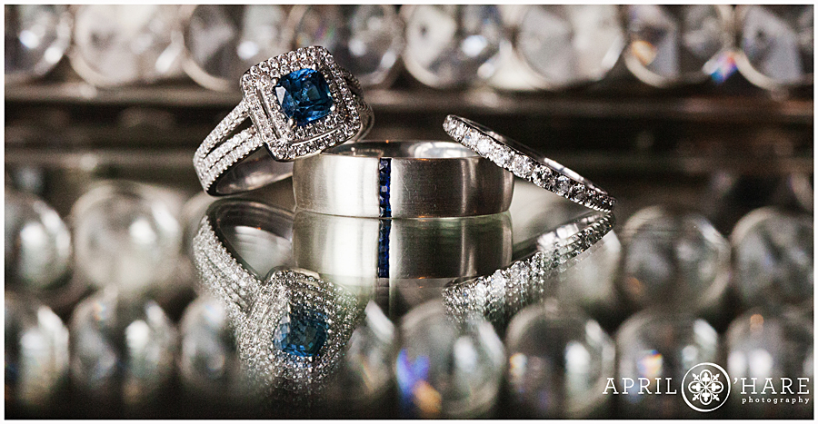 Detail photo of wedding rings for a glitter wedding in Denver CO
