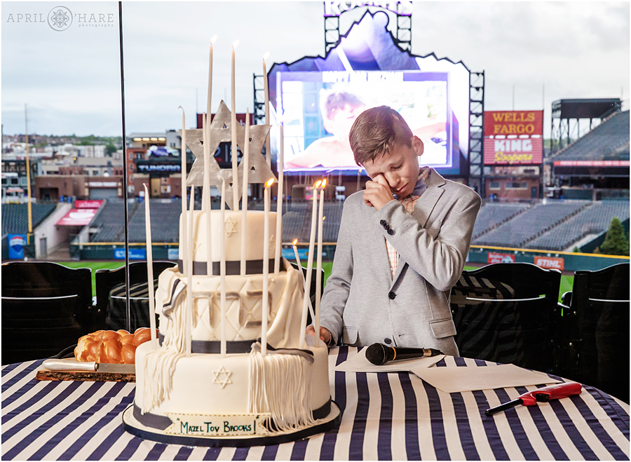 Baseball themed bar mitzvah candle lighting ceremony at Coors Field in Denver CO