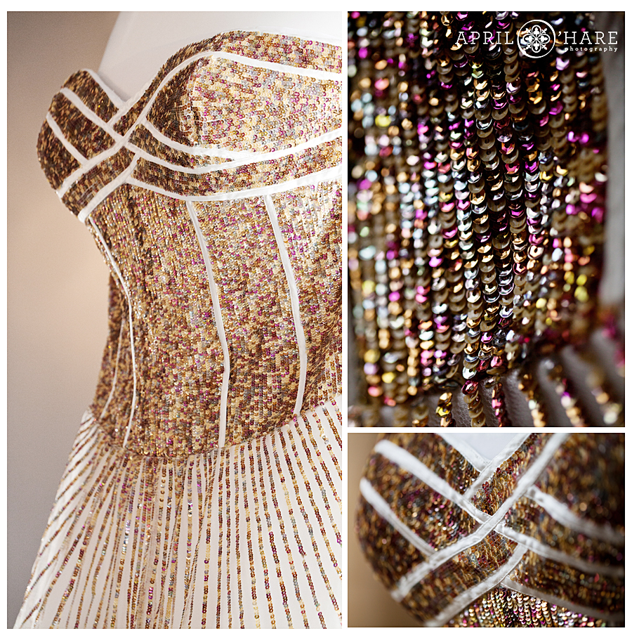 Photo collage of colorful sequin glitter wedding dress in Downtown Denver Colorado