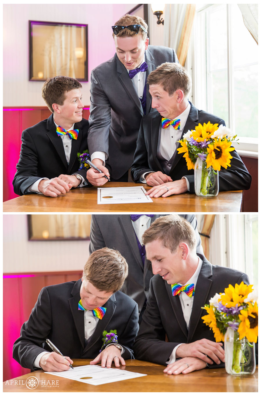 Signing marriage license at a Boulder Gay Wedding at Chautauqua Dining Hall