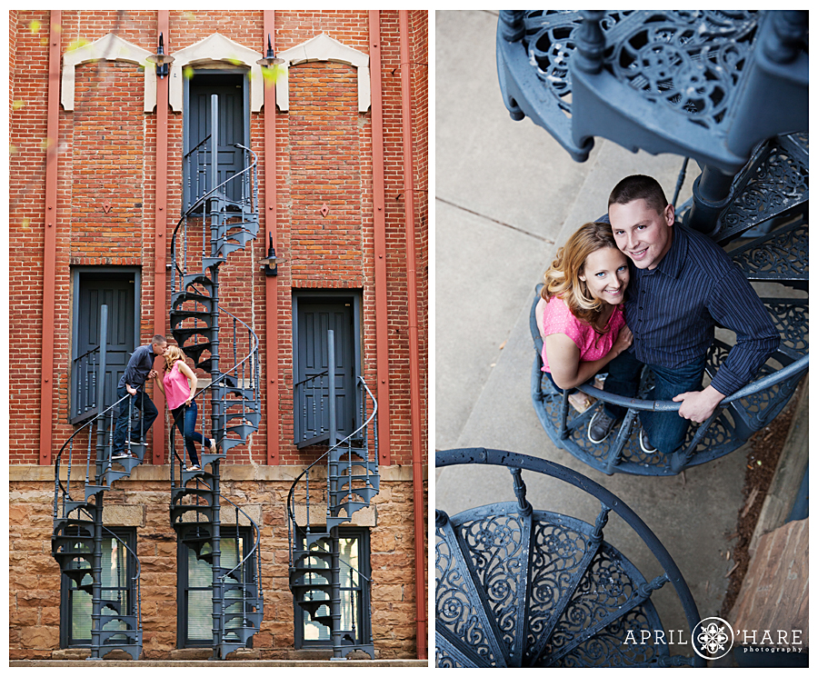 Blue Spiral Staircase for CU Boulder Engagement Photos in Colorado