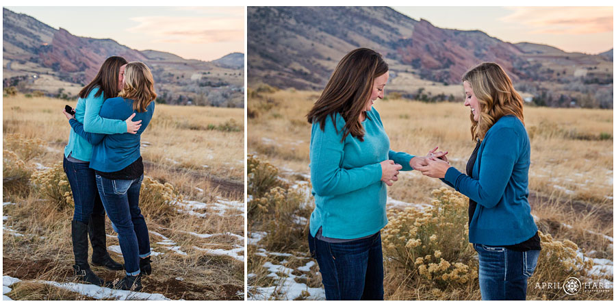 Cute Lesbian Wedding Proposal in Colorado with Red Rocks backdrop