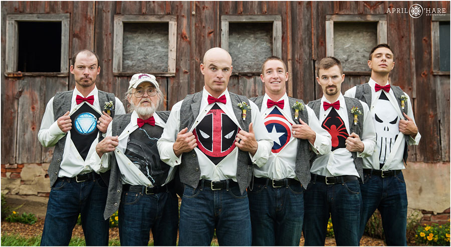 Superhero shirts hidden under white button up shirts at a Nebraska Farm Wedding