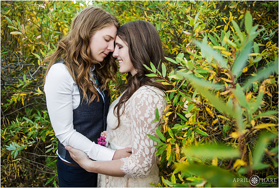 Romantic picture from a fall Colorado Lesbian Wedding