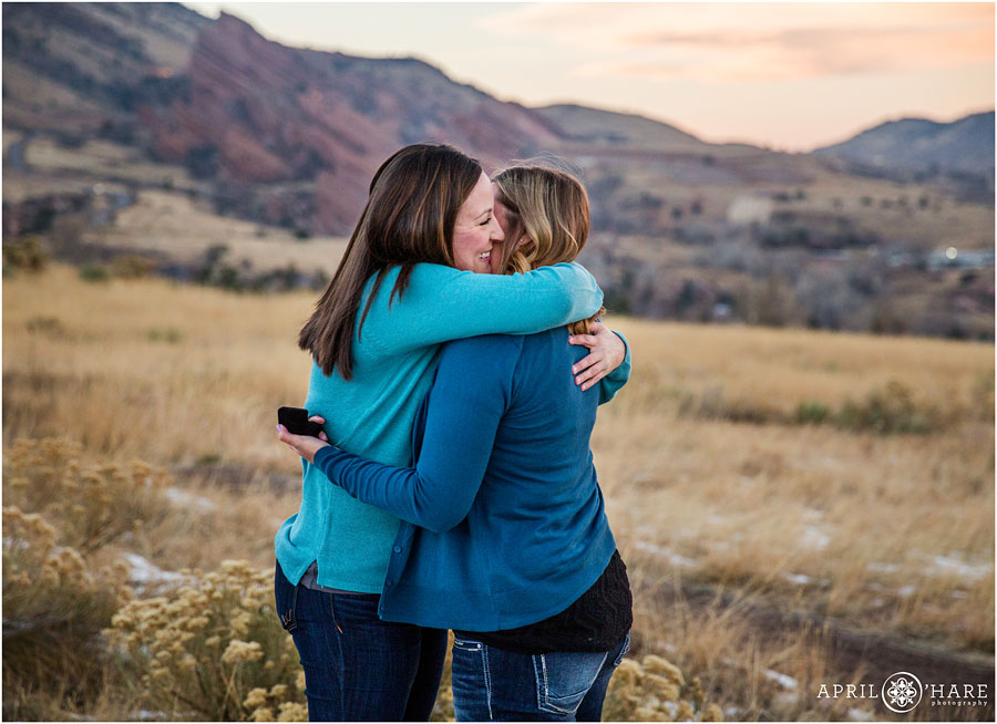 Adorable Red Rocks lesbian proposal photos at East Mount Falcon