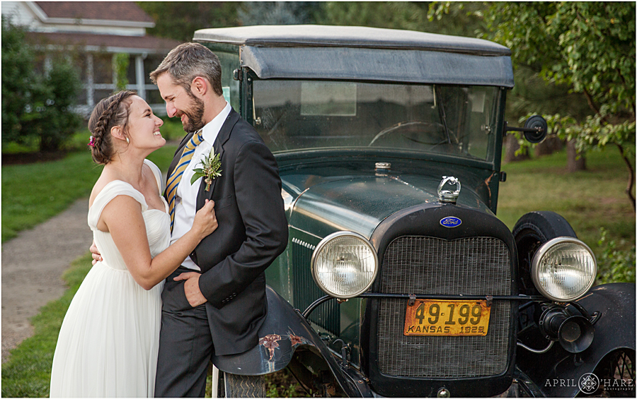 Sweet Denver Wedding Photography at Chatfield Farms  rustic Colorado wedding venue with old Ford Vintage Truck