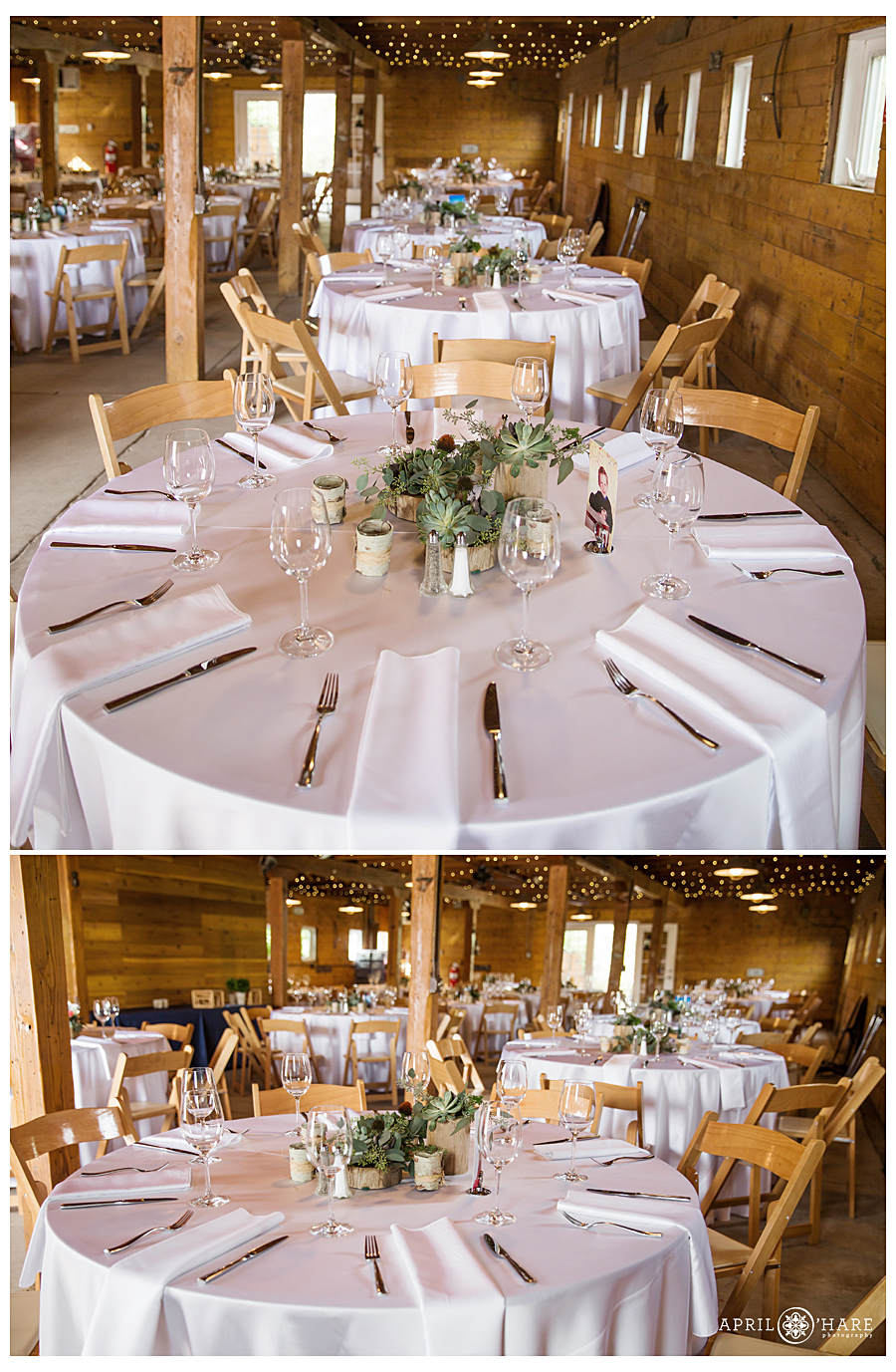 Succulent Centerpieces set up at a Rustic Colorado Wedding Barn Venue at Chatfield Farms