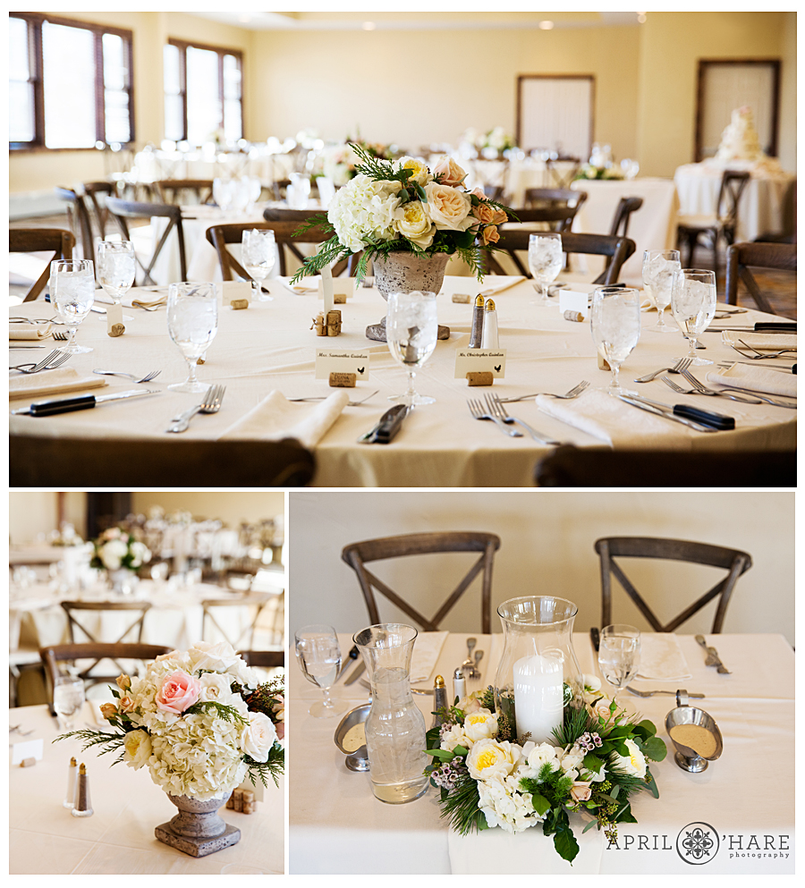 Tables set up with cream colored florals at a Winter Wedding in Breckenridge