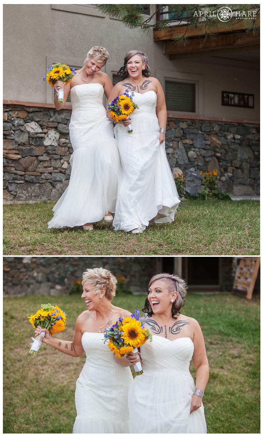 Two brides with sunflowers having fun at their Backyard Lesbian Wedding