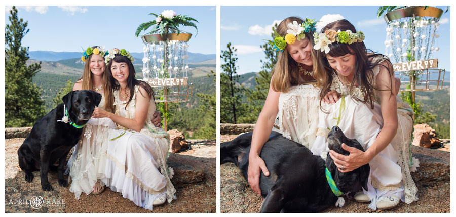 Two brides with their sweet black lab dog at their Colorado Lesbian Elopement