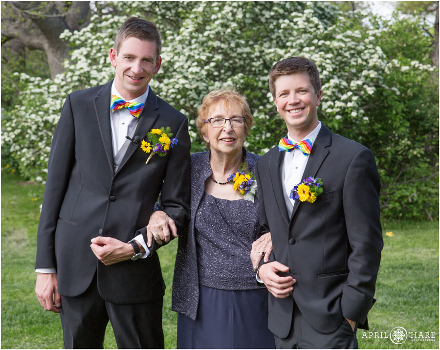 Grooms photographed with Grandma at their Boulder Gay Wedding during spring