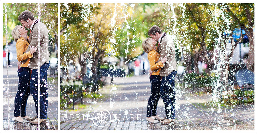 Cute downtown Aspen engagement photos with a sidewalk fountain