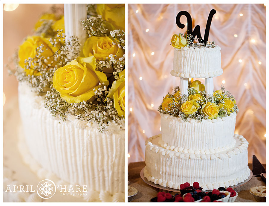 Yellow Roses on a white wedding cake for a Yellow Themed Wedding