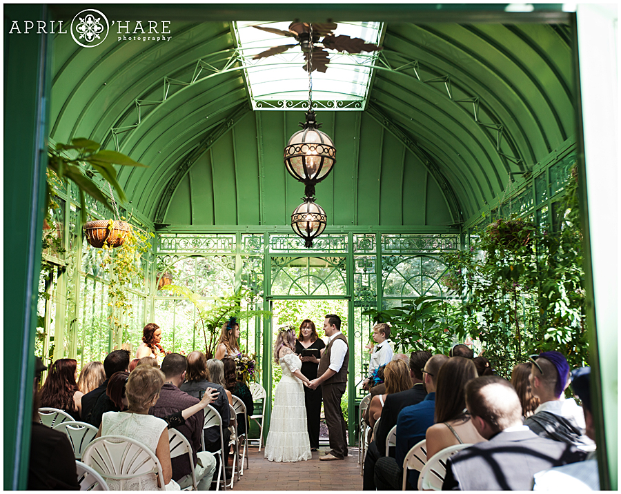 Denver bohemian wedding in green solarium at Denver Botanic Gardens