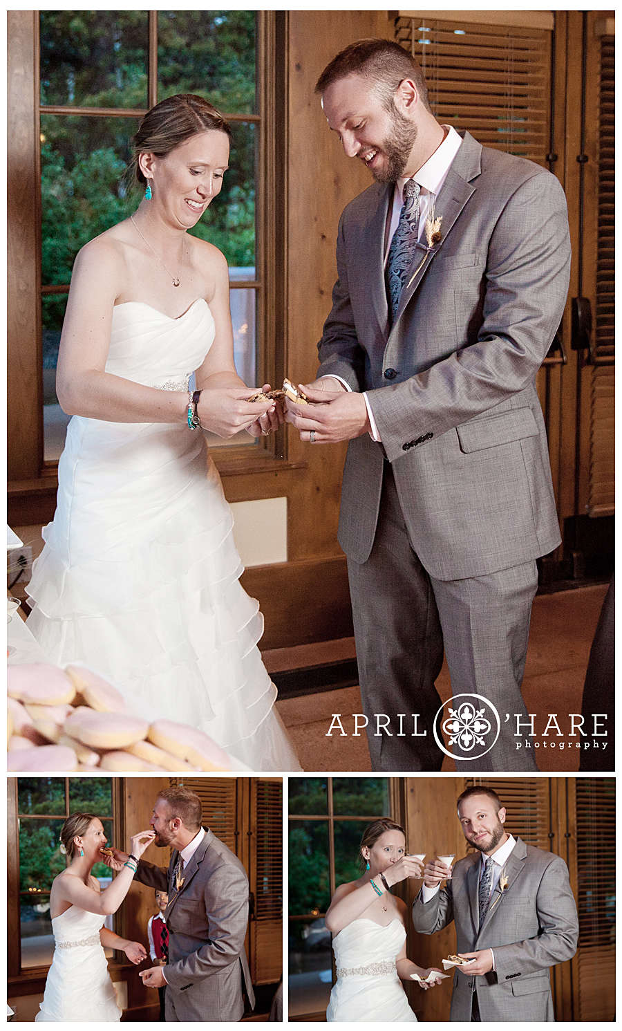 Couple breaks a cookie instead of cutting cake at their indoor Vail wedding