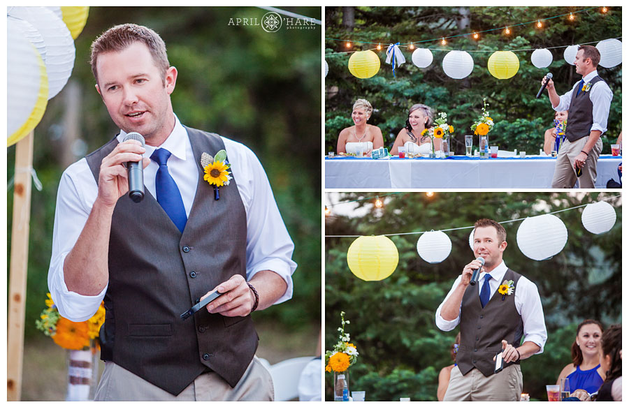 Wedding speeches at Backyard Lesbian Wedding in mountains of Conifer Colorado