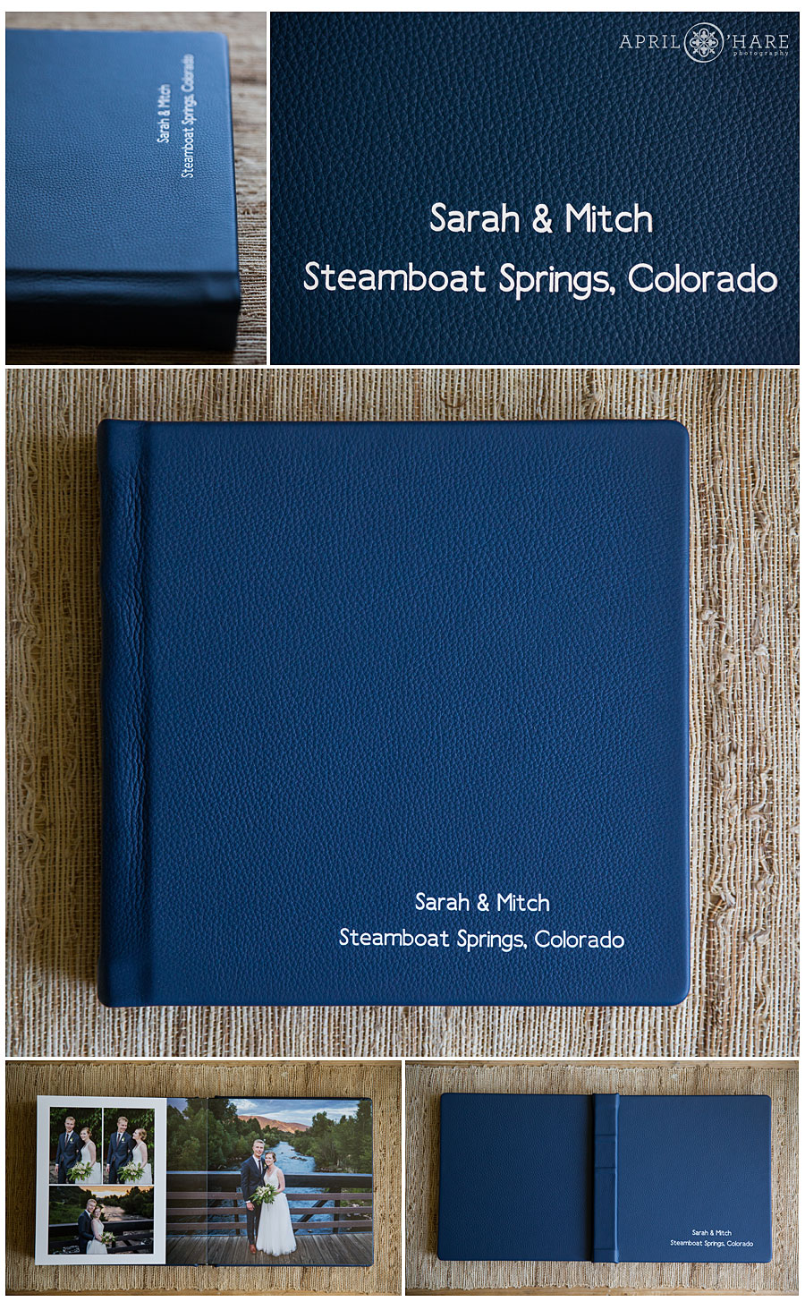 Wedding albums created with imprinting on the cover in a white modern font on blue leather