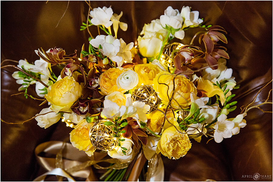 Gold Wedding Inspiration with a lit up wedding bouquet