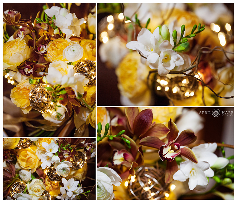 Floral details from a Gold Wedding Inspiration styled session with a light up floral bouquet
