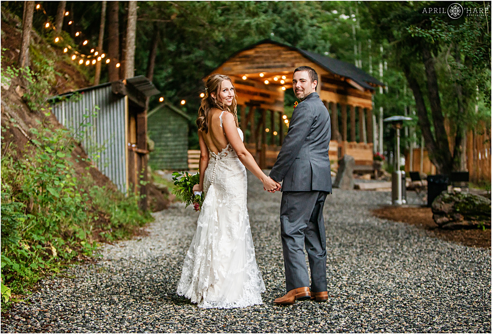 Cute photo of bride and groom from behind at Blackstone Rivers Ranch