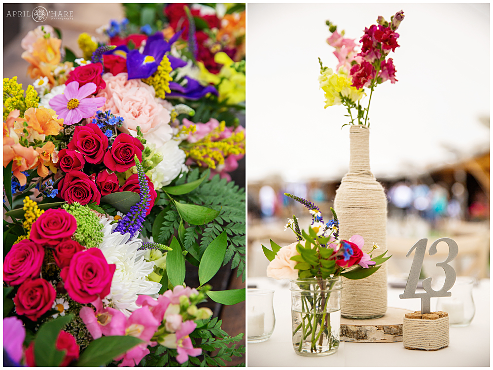 Detail photo collage of pretty colorful floral decor at a tented wedding reception at Blackstone Rivers Ranch