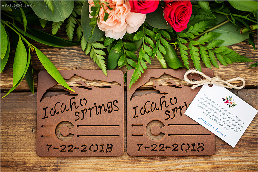 Custom metal engraved coasters favors for a mountain wedding